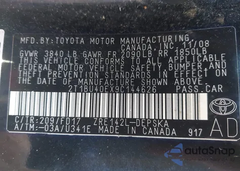 2009 Toyota Corolla S из США, поврежденный, VIN 2T1BU40EX9C144626